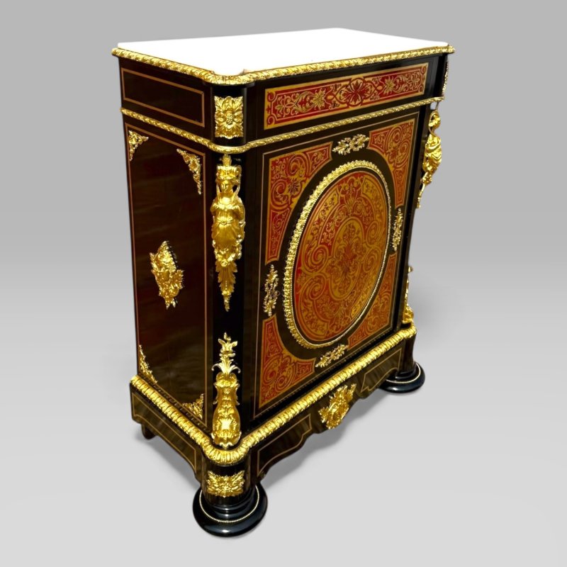 Antique French Napoleon III Ebonised Tortoiseshell Boulle & Marble Pier Cabinet - Image 3